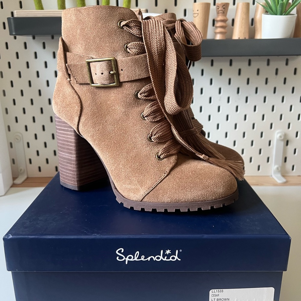 NWT Splendid Suede Cesar Brown Lace Up Boots Chunky Heel size 8.5